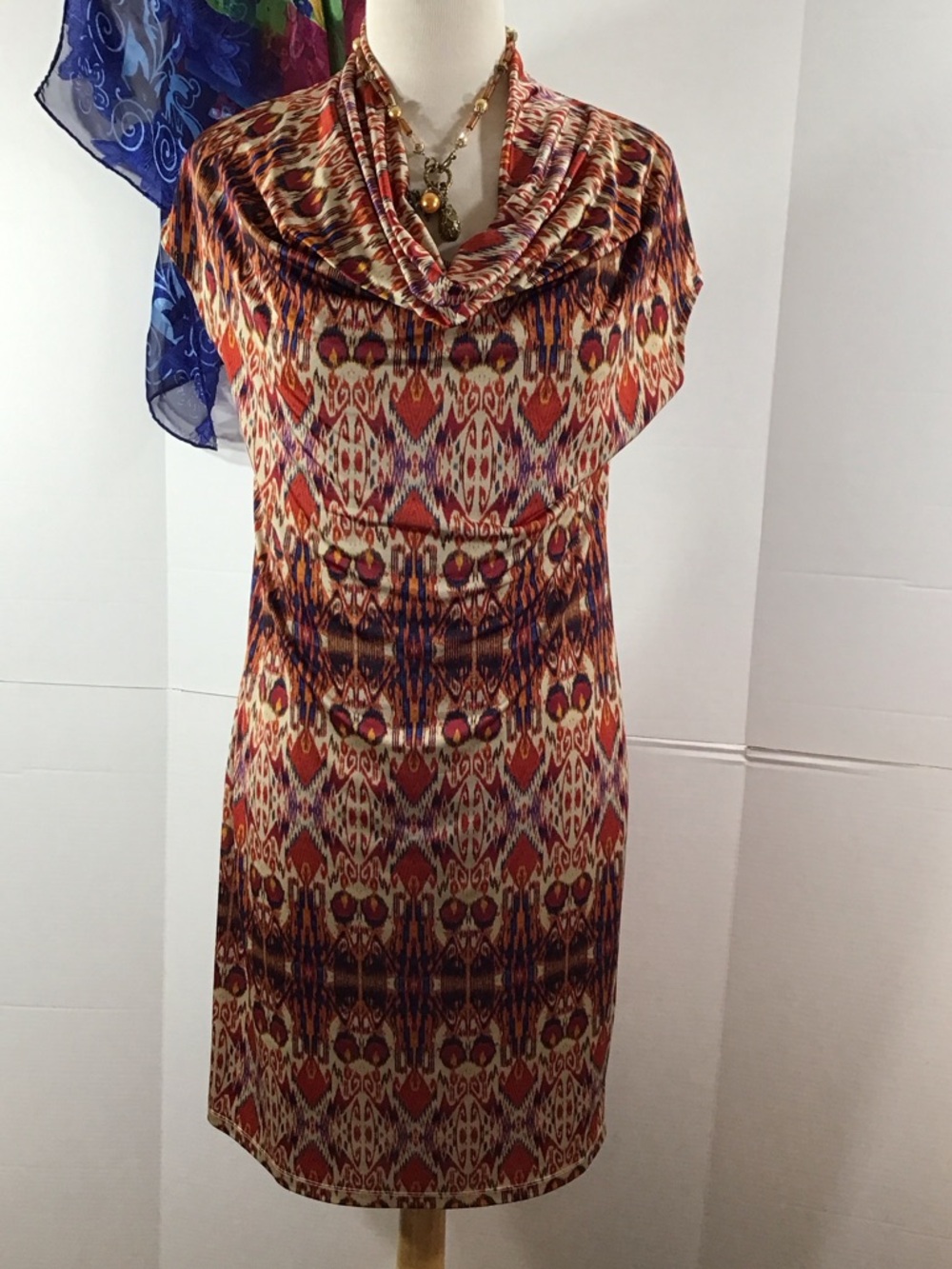 Ronen Chen Ikat-Print Cowl Neck Dress in Rust Red, Navy & Cream 6